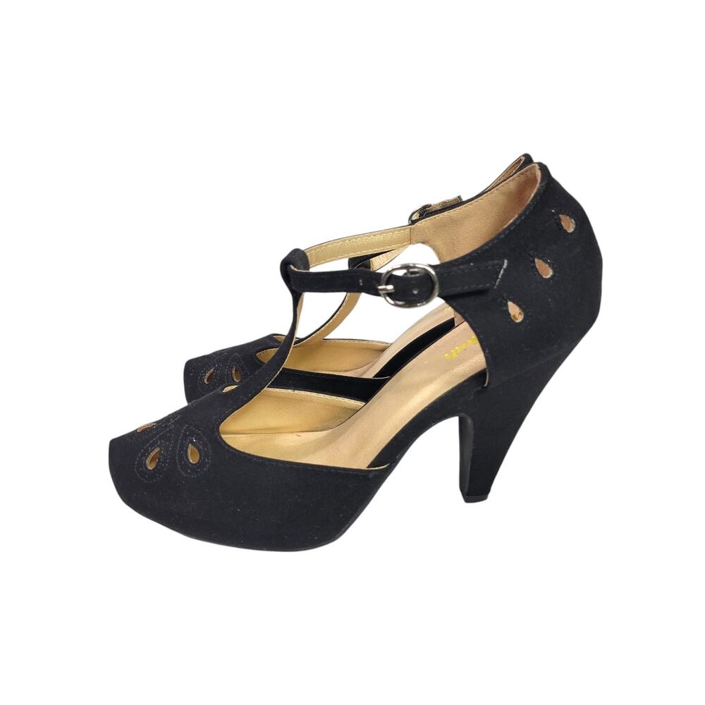 Modcloth T Strap Black Heels Pump Refreshed Zest Retro Ankle Strap Cutout Size 9